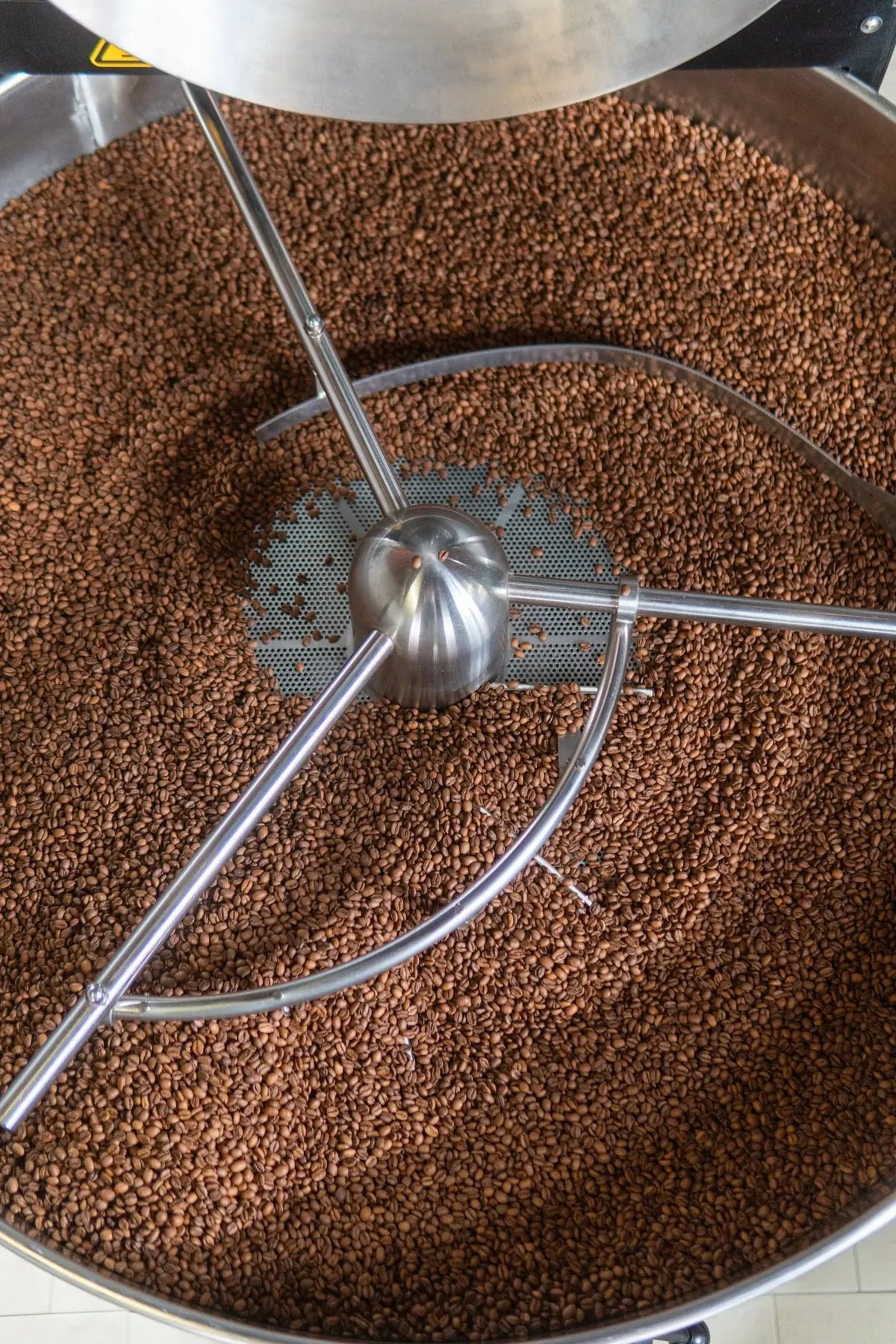 Coffee beans turning in the roaster drum